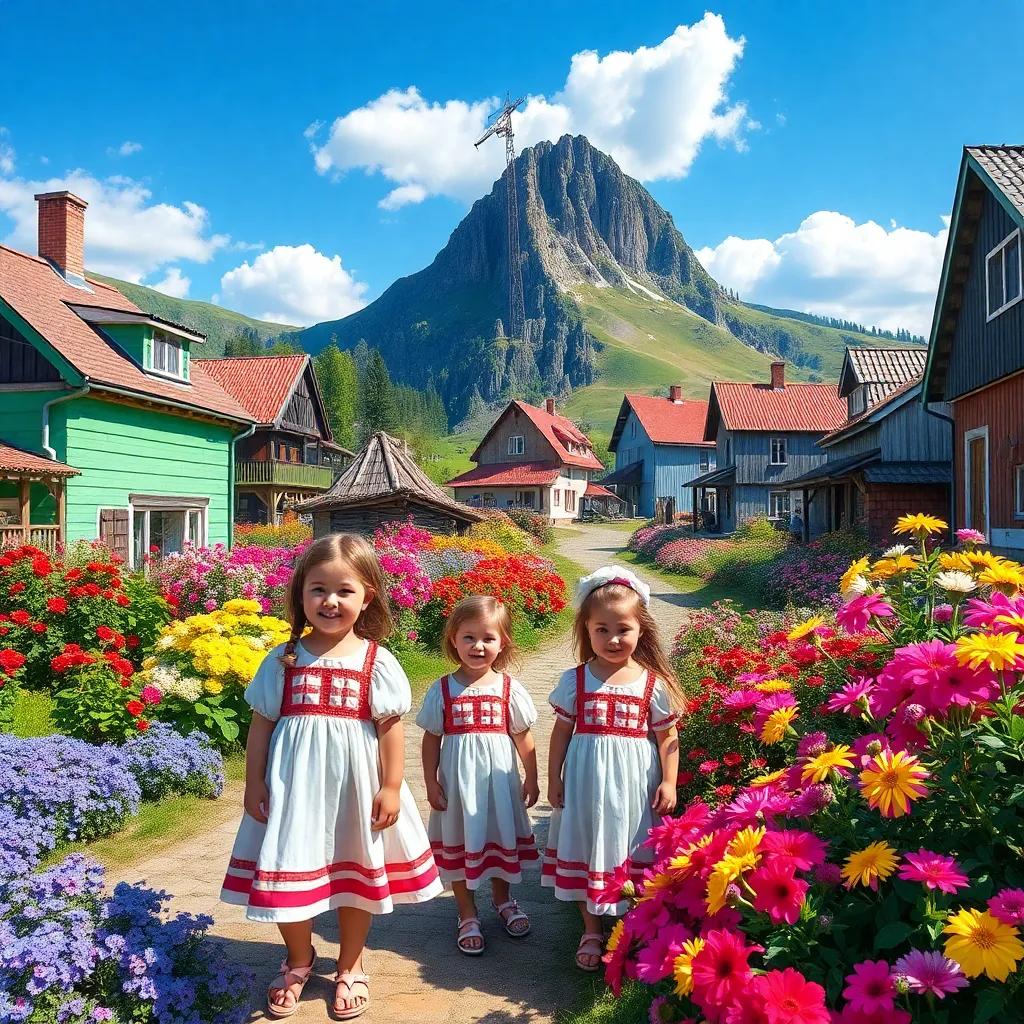A beautiful village in northern lands with vibrant flowers and colorful houses, girls wearing traditional cotton dresses, sunny day, cheerful atmosphere, children's playfulness, digital art, bright colors, inviting landscape, high quality