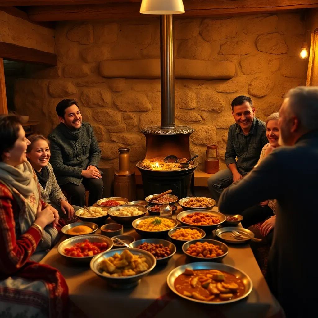 A cozy gathering around a large stove in the village, an inviting table filled with traditional dishes like mujaddara and fattoush, families laughing together, warm light, evening setting, comforting scene, joyful celebration, high quality