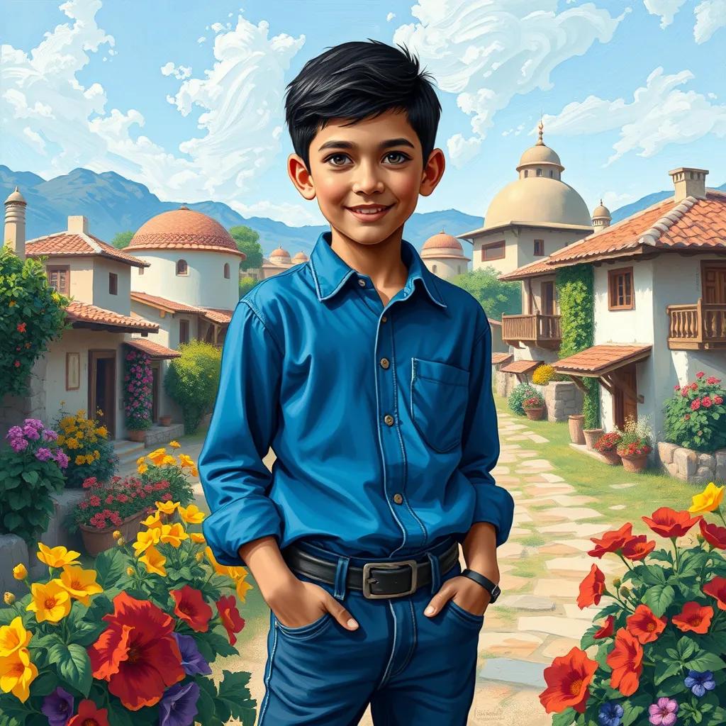 A young Arab boy, Sami, with short black hair wearing a blue shirt and jeans, standing in a beautiful village with flowers around him, digital art, bright colors, cheerful atmosphere, high quality