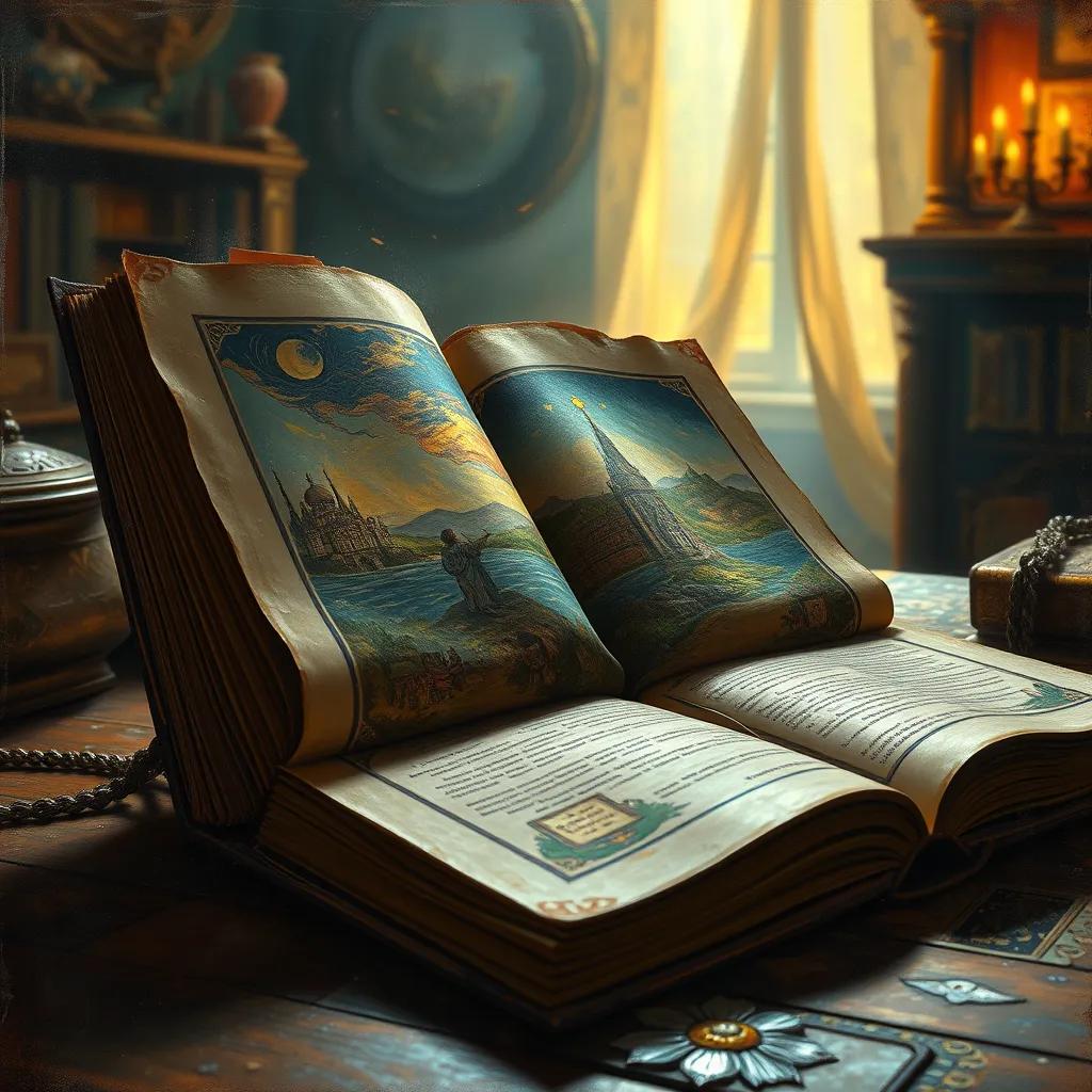 A dusty old book lying open on a table, with images of magical places and ancient times, surrounded by glowing light, fantasy style, warm tones, inviting perspective, detailed illustration