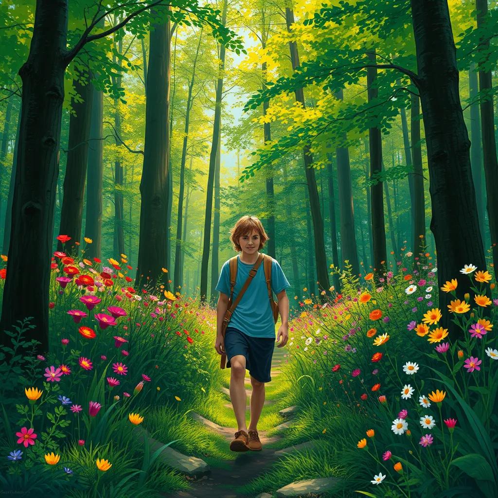 Sami walking through a lush green forest with tall trees, colorful flowers blooming, sunlight filtering through the leaves, adventure theme, vibrant colors, magical atmosphere, high quality