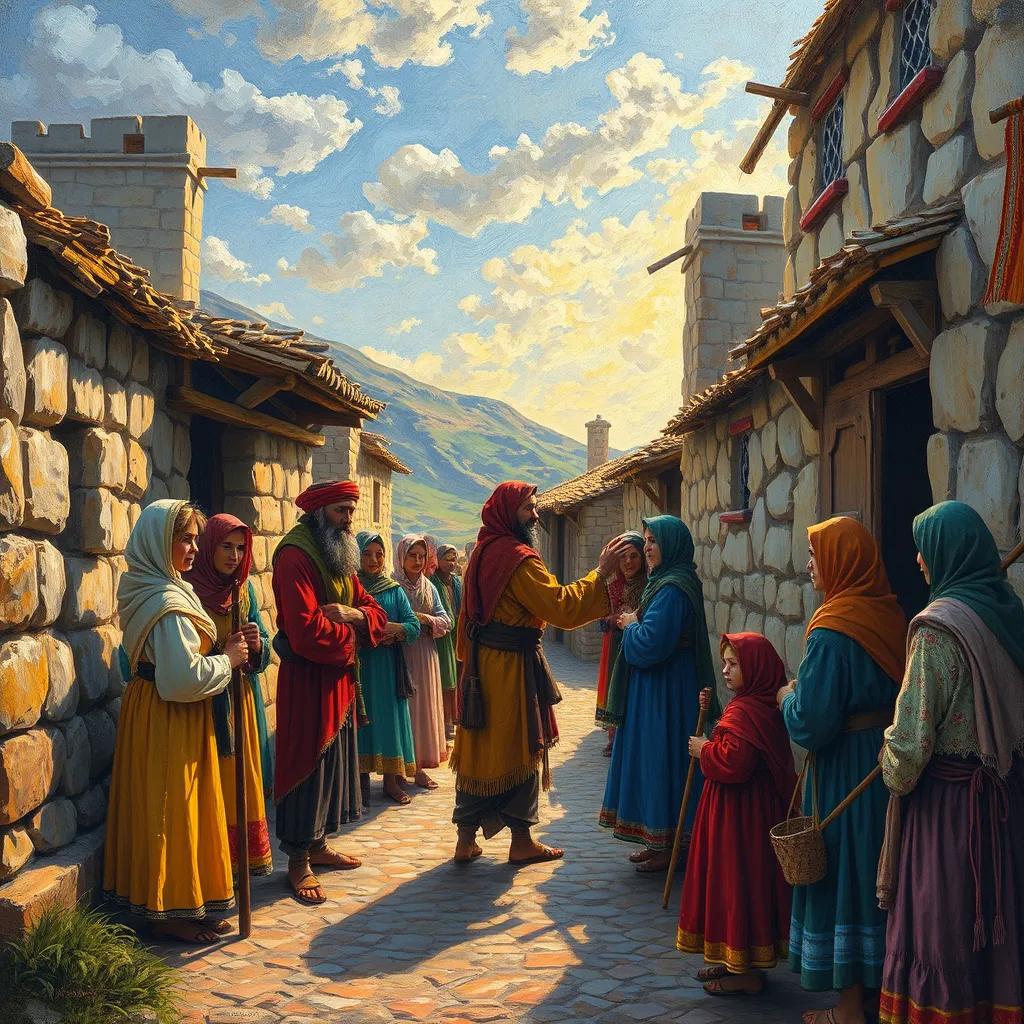 An ancient village with people in traditional attire, Sami interacting with them, colorful, warm light, storytelling view, detailed scene