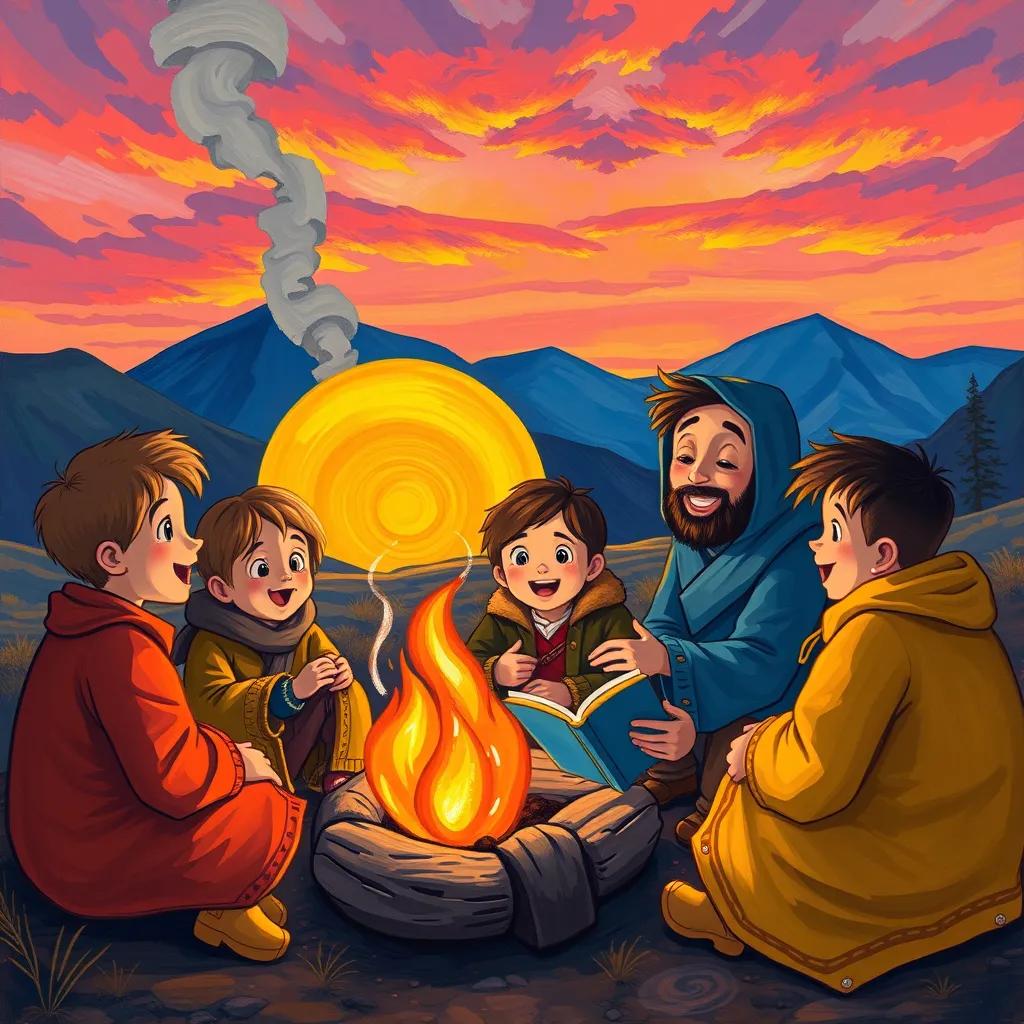 Sami telling his friends stories around a campfire at sunset, joyful expressions, vibrant orange and pink hues in the sky, heartwarming, children's illustration, high quality