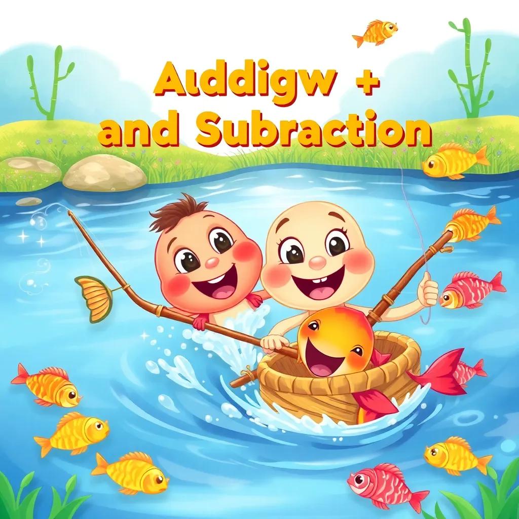 A whimsical scene of a cheerful addition and subtraction, with bright expressions, fishing in a sparkling river surrounded by colorful fish, playful atmosphere, vibrant colors, child-friendly art, digital illustration, high quality