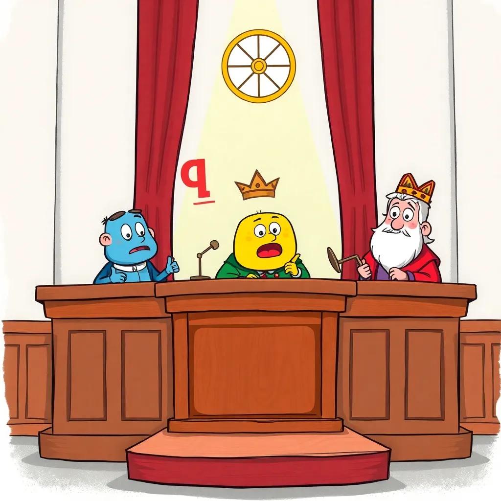 An emotional scene at the math court where addition and subtraction plead for justice, wise judges sitting on a raised platform, serious expressions, vibrant colors, playful atmosphere, illustration, high quality