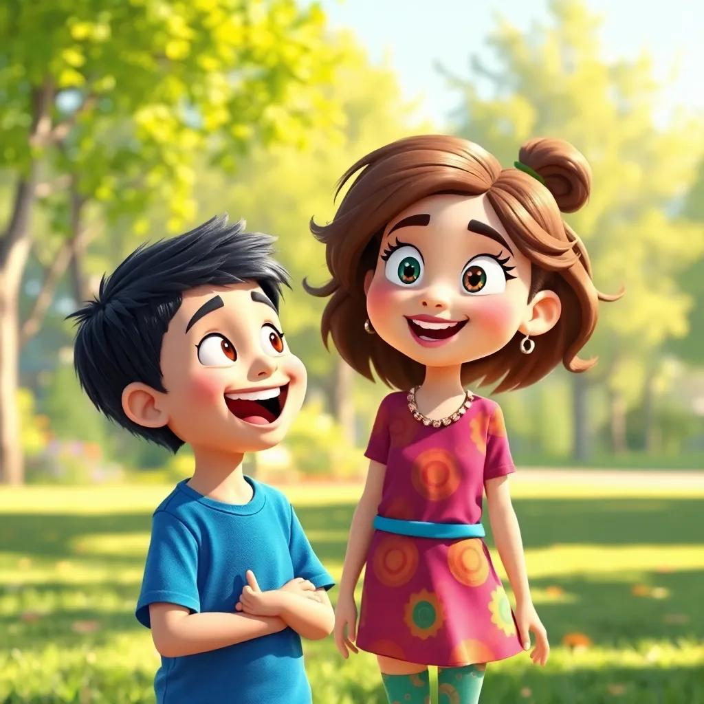 A cheerful young boy, Sami, with short black hair and wearing a blue t-shirt, standing in a sunny park, excitedly speaking to a whimsical girl, Maryam, with brown hair in vibrant colorful clothes, the background filled with greenery and sunshine, digital art, bright and inviting, uplifting atmosphere, high quality