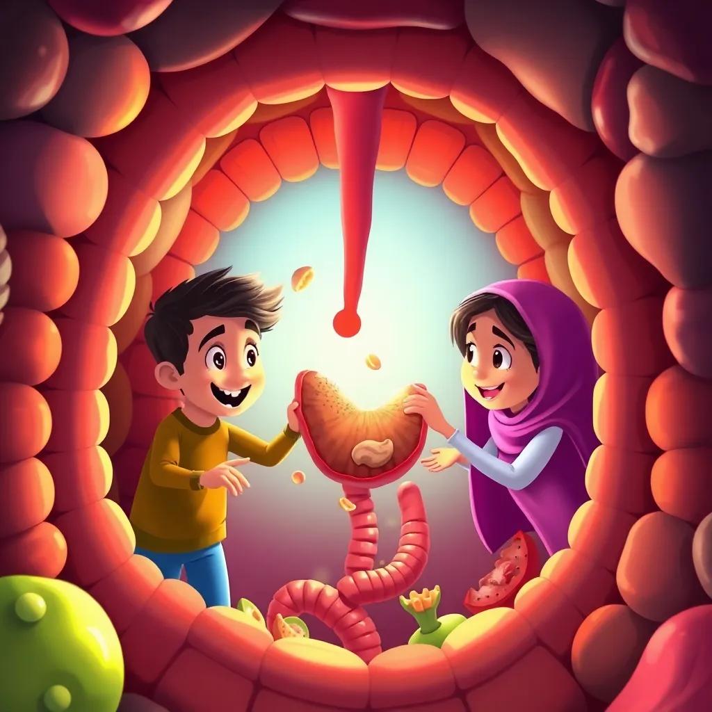 A vibrant scene inside the digestive system, illustrating Sami and Maryam exploring the mouth and esophagus, with animated food being chewed and swallowed, colorful and educational, friendly tone, child-friendly perspective, high quality