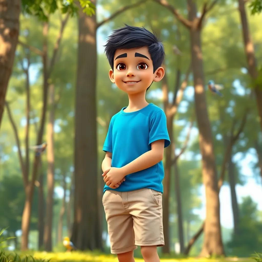 A young Arab boy, Sami, with short black hair, wearing a bright blue t-shirt and beige shorts, standing in a sunny forest with tall trees and birds around him, digital art, cheerful, vibrant colors, warm light, high quality