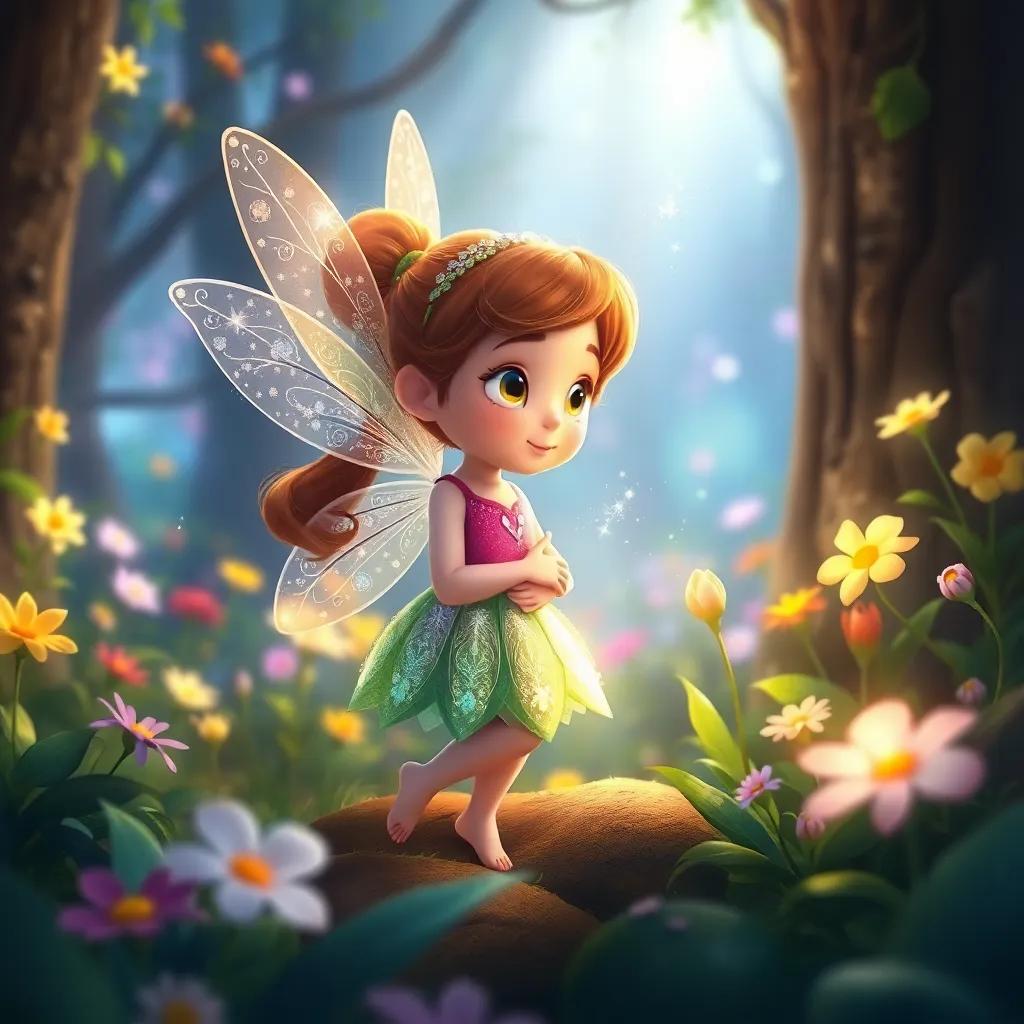 A small fairy, Lily, with sparkling wings and a colorful dress, talking to Sami in the magical forest, surrounded by colorful flowers and bright light, illustration, whimsical, enchanting atmosphere, child-friendly