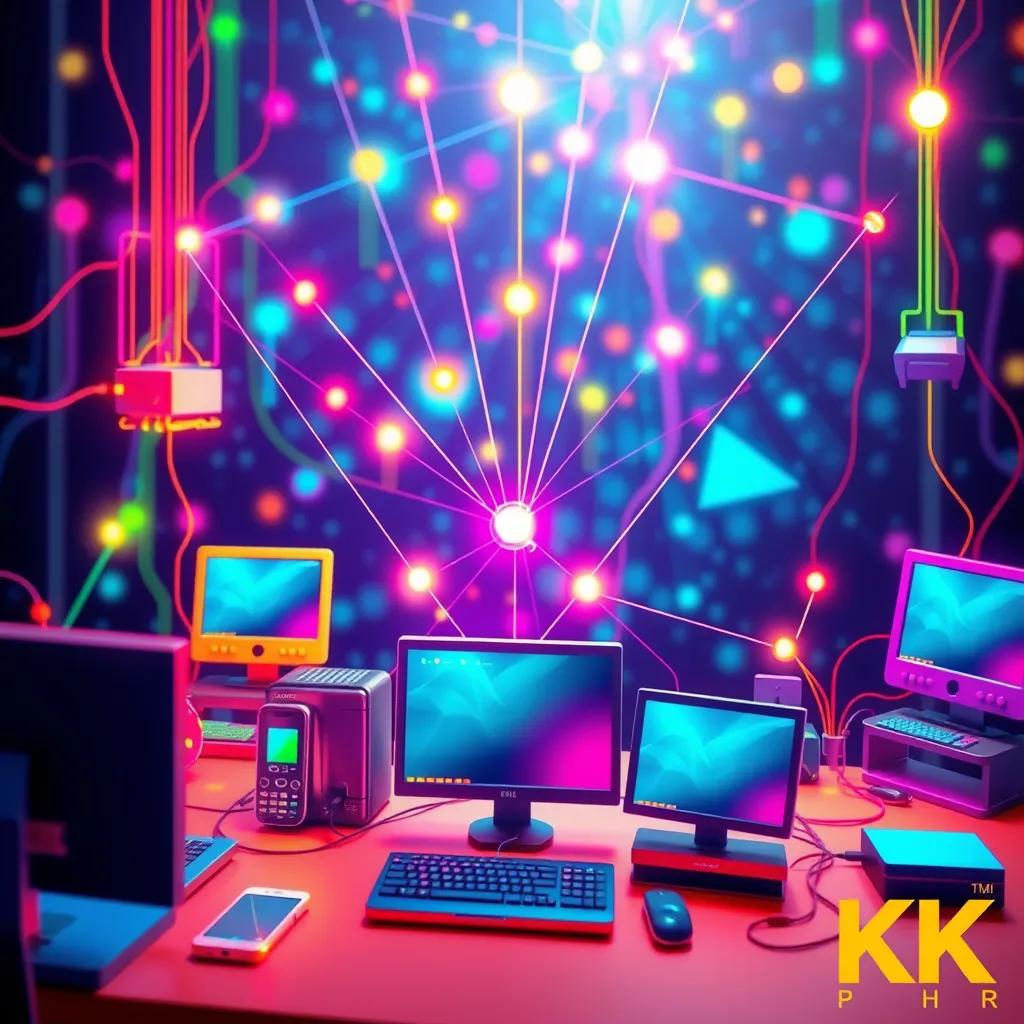 A vibrant illustration of a network connecting various devices like computers, phones, and routers in a colorful digital world, showing lines and signals radiating between them, bright colors, engaging, cheerful atmosphere.