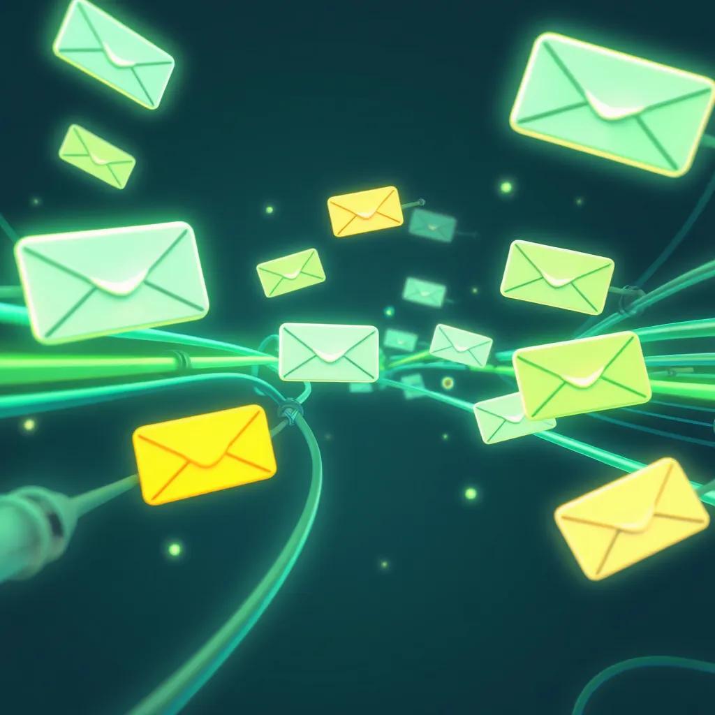 An imaginative depiction of messages traveling through cables and wave signals represented as bright light beams in a fun and cartoonish style, green and blue tones, dynamic movement, playful.