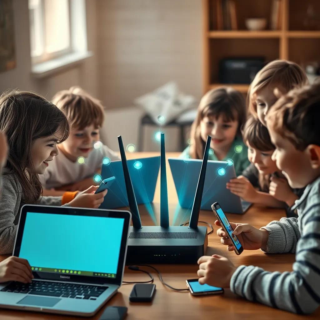 A scene with various devices like laptops and smartphones communicating through a central router, surrounded by happy children learning and interacting, warm and inviting light, engaging.