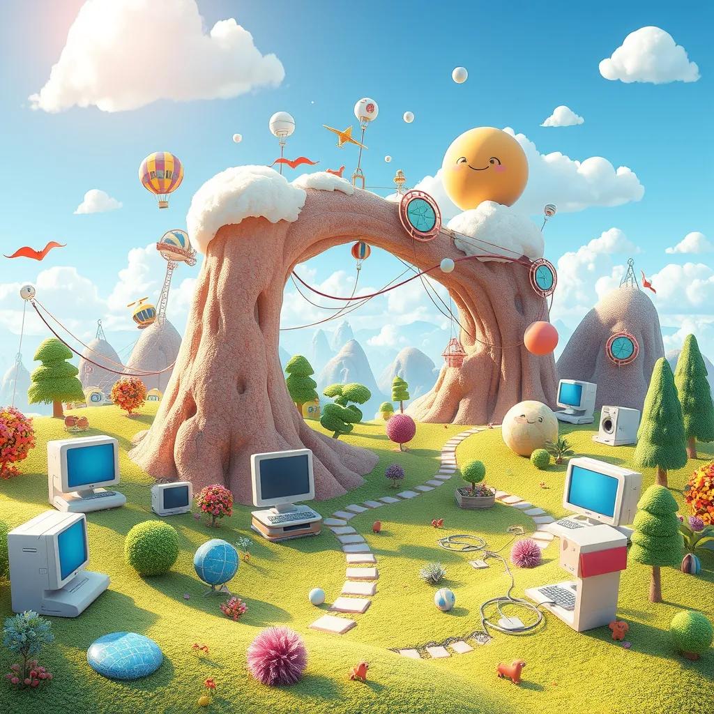 A whimsical world representing communication through networks, with devices like computers and phones exploring and connecting with joy, bright, friendly, imaginative landscape.