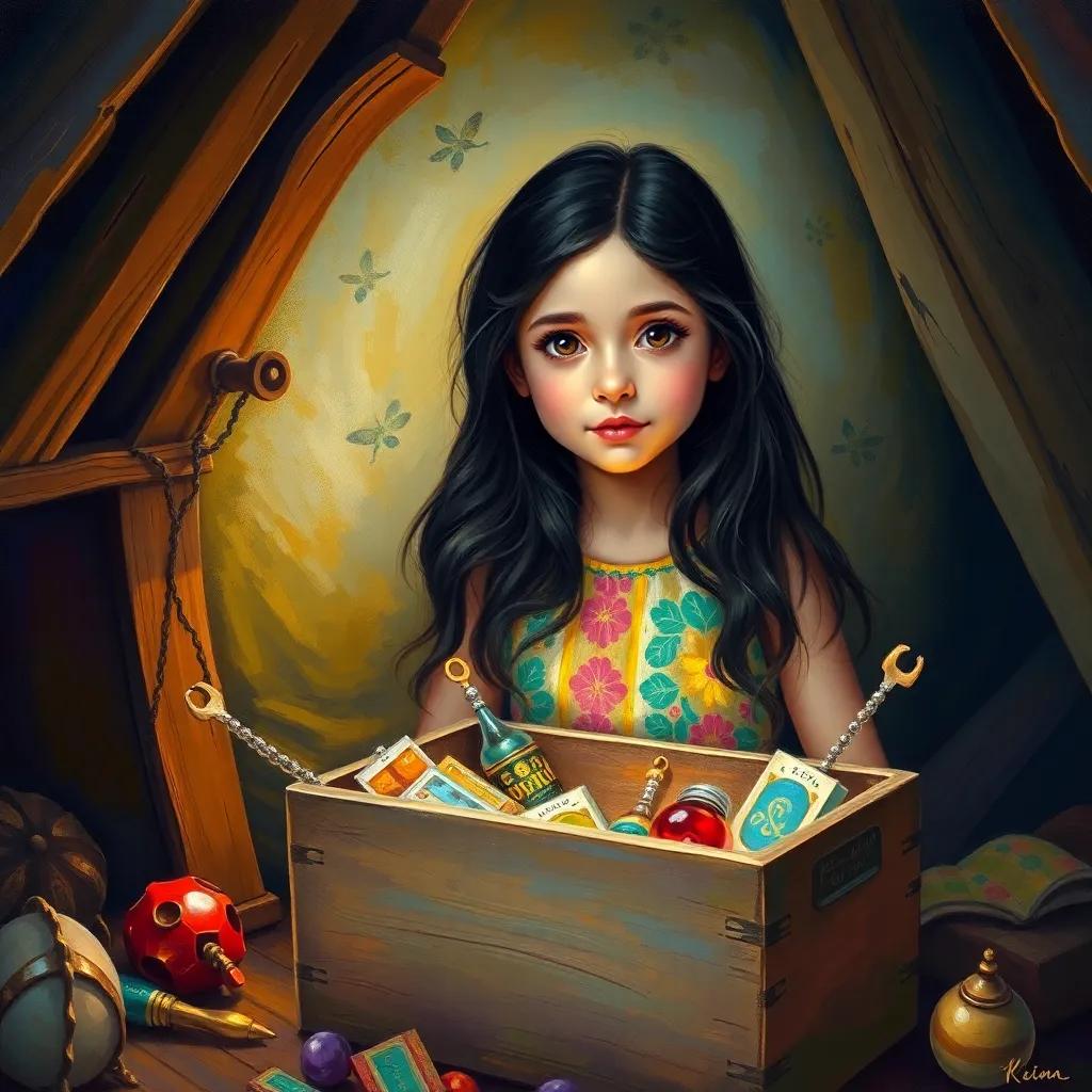 A young Arabic girl, Rena, with long dark hair wearing a colorful dress, discovering an old box in an attic filled with light and artistic items, vibrant colors, whimsical atmosphere, high quality