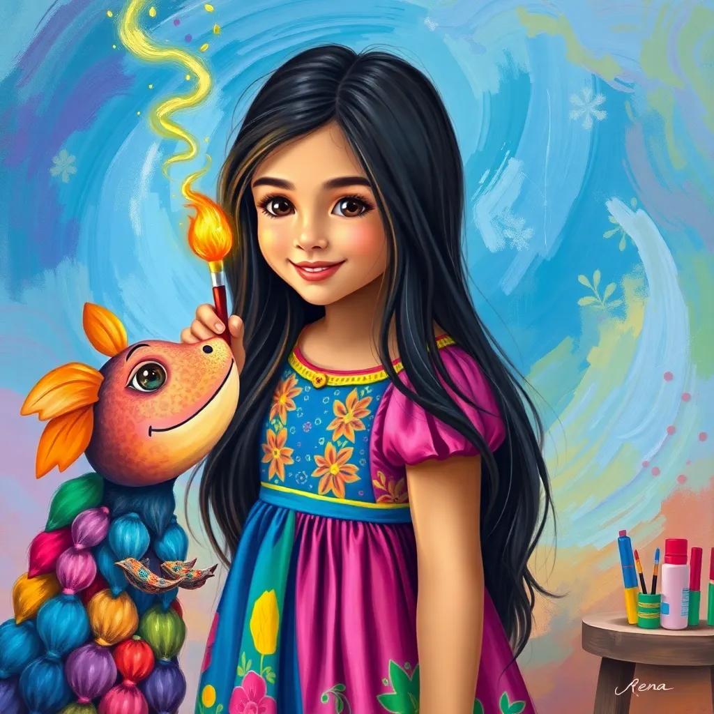 A young Arabic girl, Rena, with long dark hair wearing a colorful dress, receiving a magical paintbrush from a friendly, colorful creature, with a rainbow background and paints, cheerful, imaginative scene, high quality