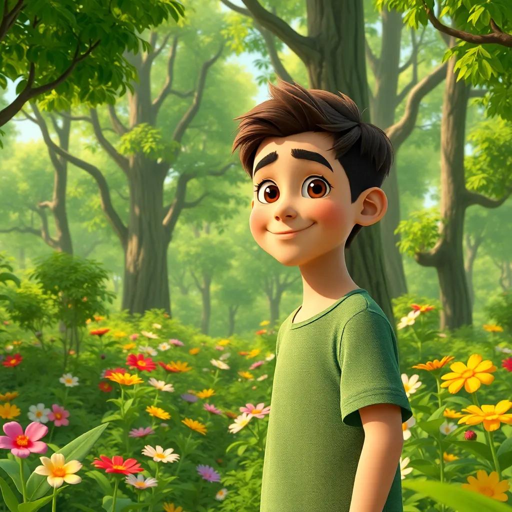 A young Arab boy, Sami, with short brown hair and a green t-shirt, exploring a lush green forest filled with trees and colorful flowers, vibrant colors, cheerful atmosphere, engaging view, digital art