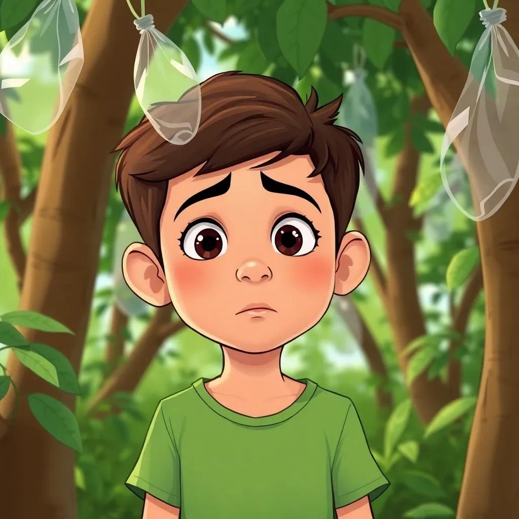 Sami, a young Arab boy with short brown hair in a green t-shirt, looking puzzled at plastic bags stuck in trees, surrounded by greenery, concerned expression, detailed illustration, clean and vibrant
