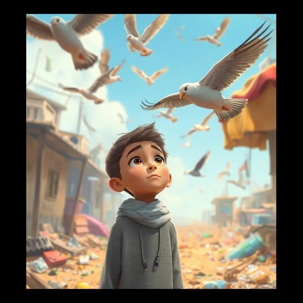 Sami, a young Arab boy, observing sad birds flying above him in a polluted area with trash scattered everywhere, expressive eyes, colorful digital art, warm tones