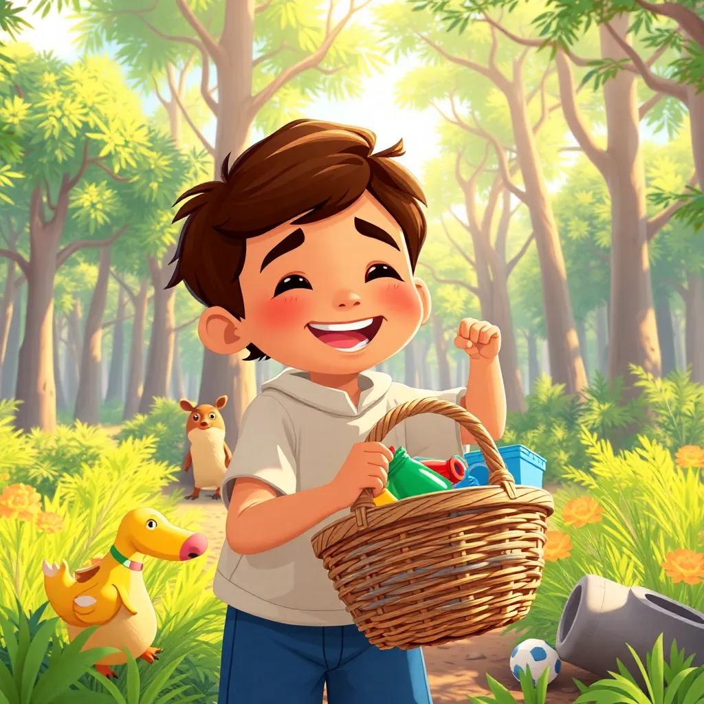 Sami, a young Arab boy with brown hair, joyfully gathering trash in a bright, clean forest, holding a basket, surrounded by his friends, vibrant colors, cheerful atmosphere, lively illustration