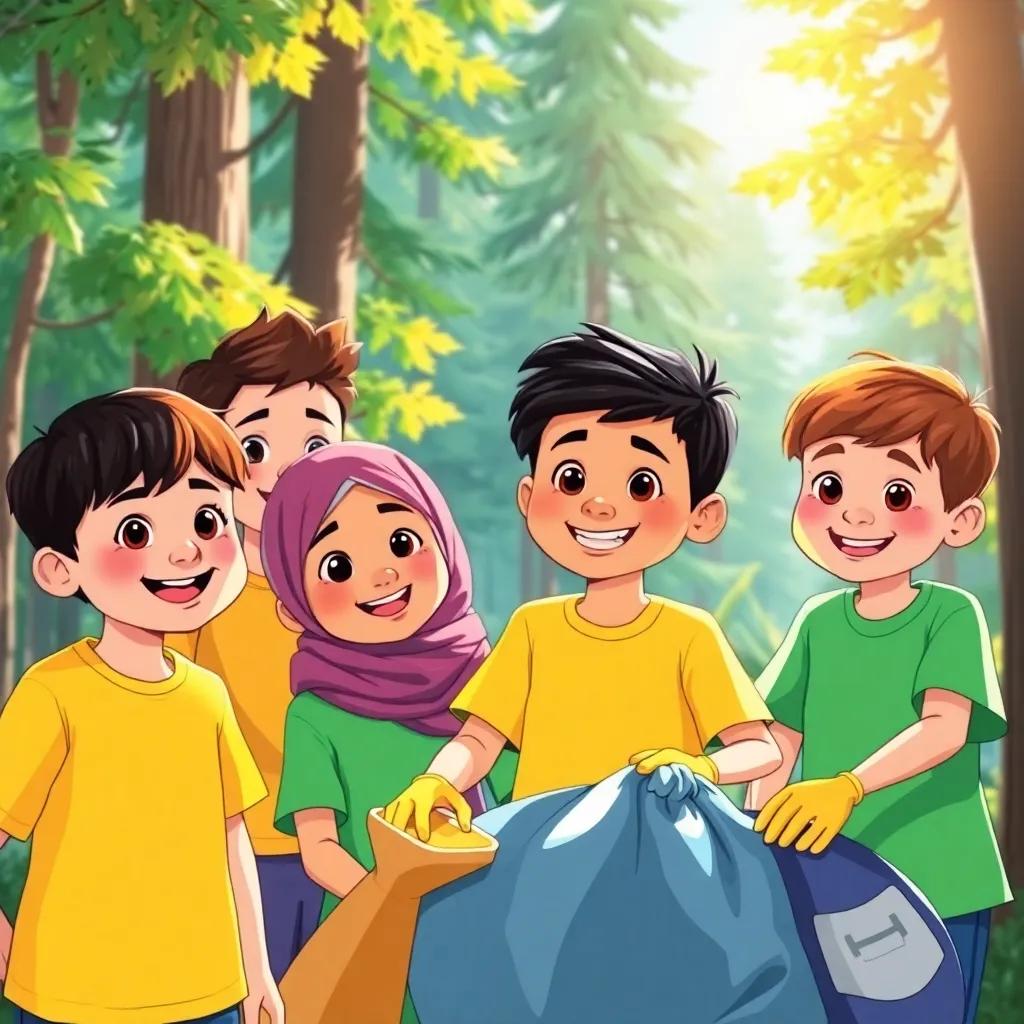 A group of children, including Sami, working together to clean up a forest, bright colored shirts, smiling faces, surrounded by trees and sunlight, engaging illustration, lively