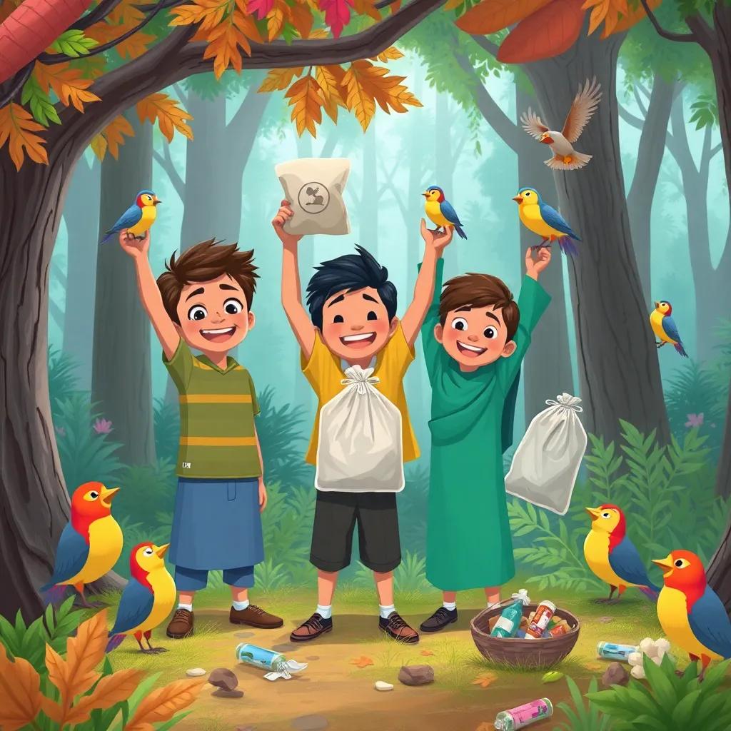 Sami and his friends joyfully holding up bags of collected trash in a now clean forest, thankful birds around them, colorful environment, heartwarming, vivid illustration
