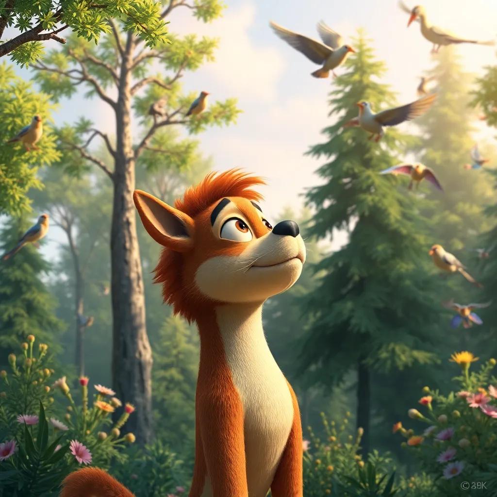 Sami looking proud as he watches the trees and birds around him, feeling the pride of helping nature, heartwarming scene, colorful and vibrant, engaging view