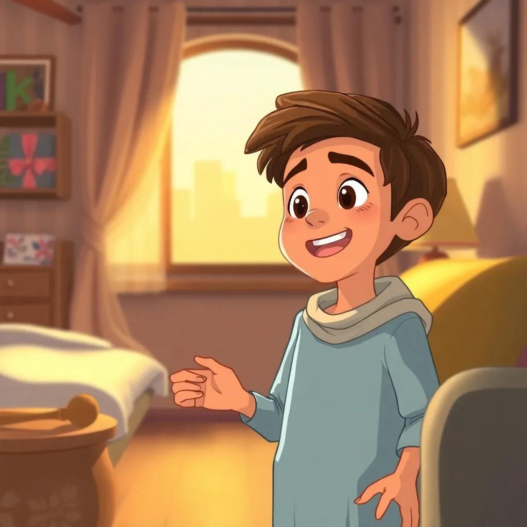 Sami, a young Arab boy with brown hair, excitedly sharing his adventure at home with his mother, cozy interior with warm light, heartfelt illustration, welcoming atmosphere