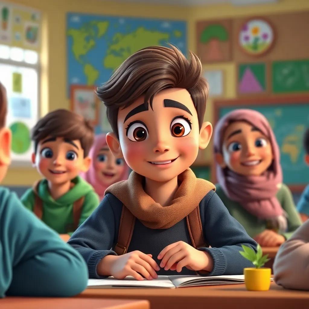 Sami, a young Arab boy with brown hair, making plans with his friends at school to protect nature, colorful classroom, engaged expressions, vibrant artwork