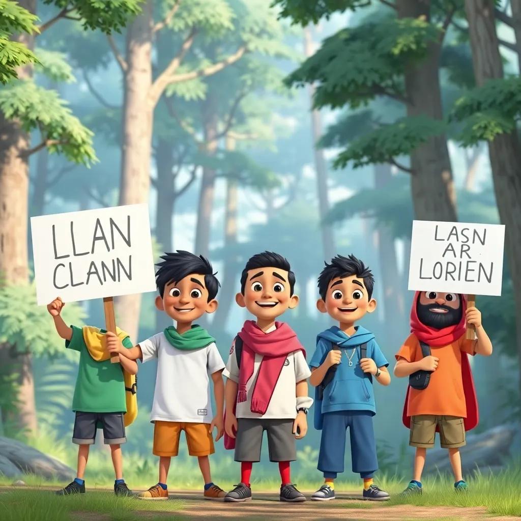 Sami and his friends, holding up signs, standing in front of a clean forest, smiling with determination, bright colors, hopeful illustration