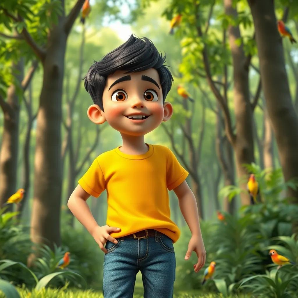 A young Arab boy, Sami, with short black hair, wearing a bright t-shirt and jeans, looking excited in a lush green forest with tall trees and colorful birds, digital art, vibrant colors, cheerful atmosphere, high quality
