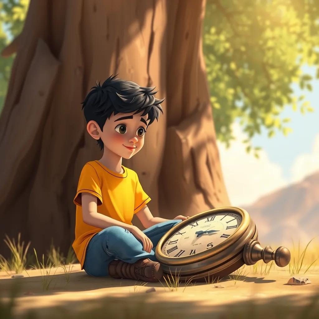 Sami, a young Arab boy with short black hair in a bright t-shirt and jeans, sitting under a tall tree, discovering an old and unique clock lying on the ground, surrounded by nature, sunny day, detailed illustration, warm colors, inviting perspective, high quality