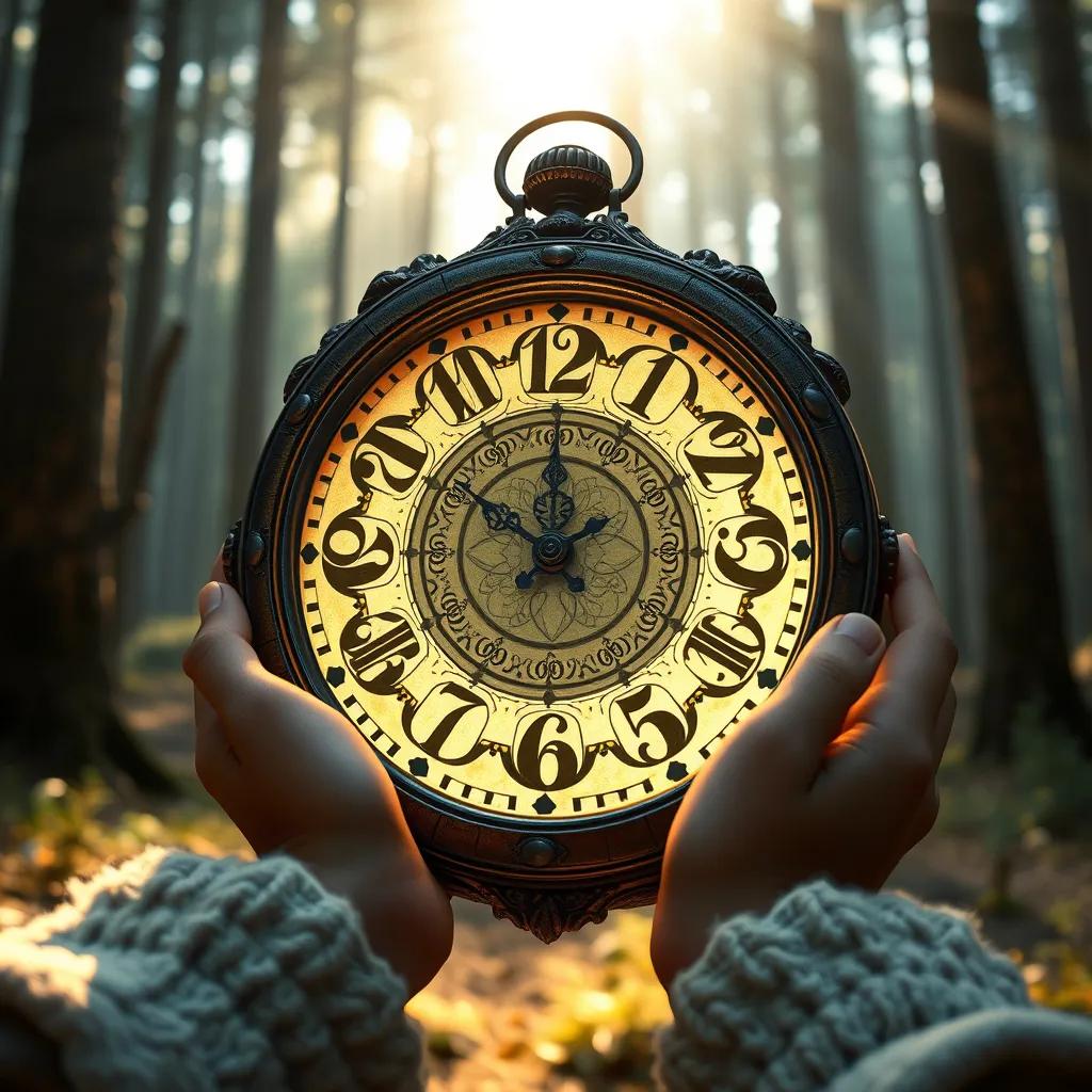 An old clock with intricate designs glowing in Sami's hands, set against the backdrop of the forest with sunlight filtering through the trees, fantasy-style, magical light, warm ambiance, stunning detail, high quality