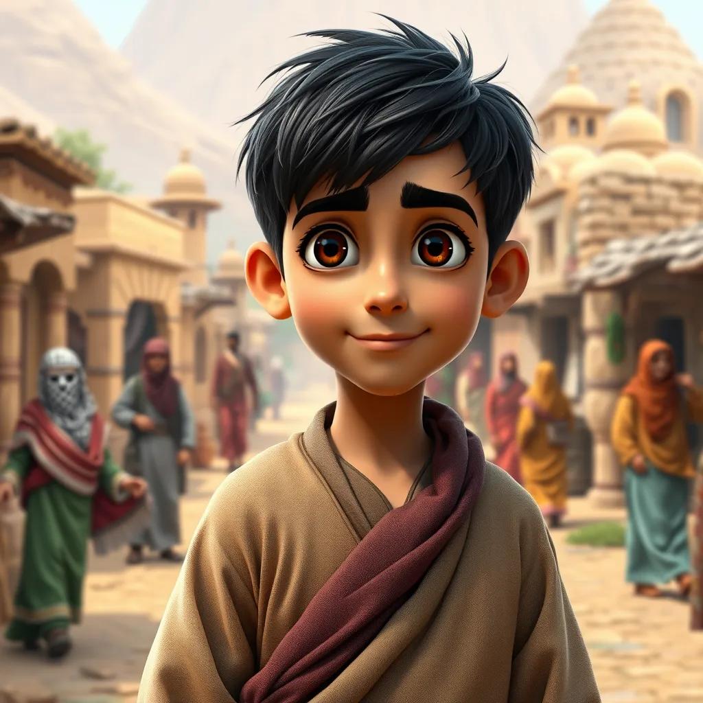Sami, a young Arab boy with short black hair, dressed in old-fashioned clothes, standing in a lively ancient village with people in traditional attire and simple houses, vibrant colors, historical scene, eye-catching detail, high quality