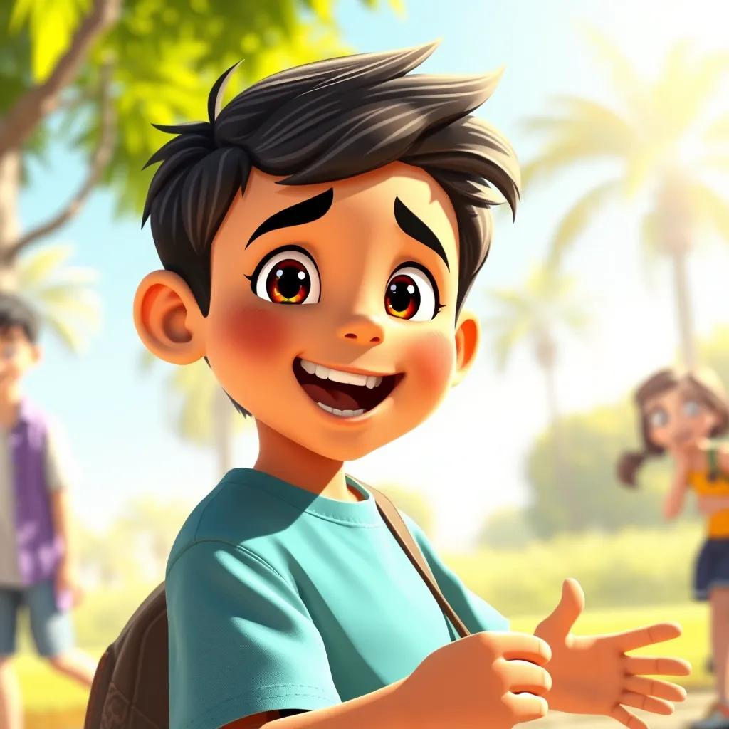 Sami, a young Arab boy with short black hair, back in the present day, excitedly sharing his adventures with friends in a sunny park, happy expressions, bright day, friendly atmosphere, crisp details, high quality