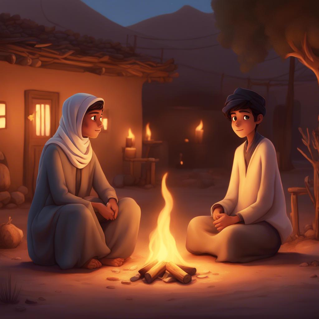 A young Saudi boy, Saud, with short dark hair, wearing a traditional thobe and headscarf, sitting next to a campfire in a cozy village setting, listening to an old woman, digital art, warm colors, inviting atmosphere, high quality