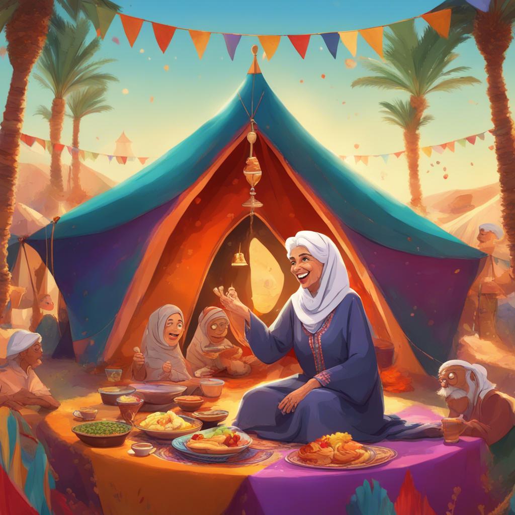 An elderly Saudi woman, with silver hair wearing a colorful abaya, telling a story in front of a traditional tent filled with delicious food, surrounded by family, digital art, bright colors, cheerful and welcoming scene, high quality