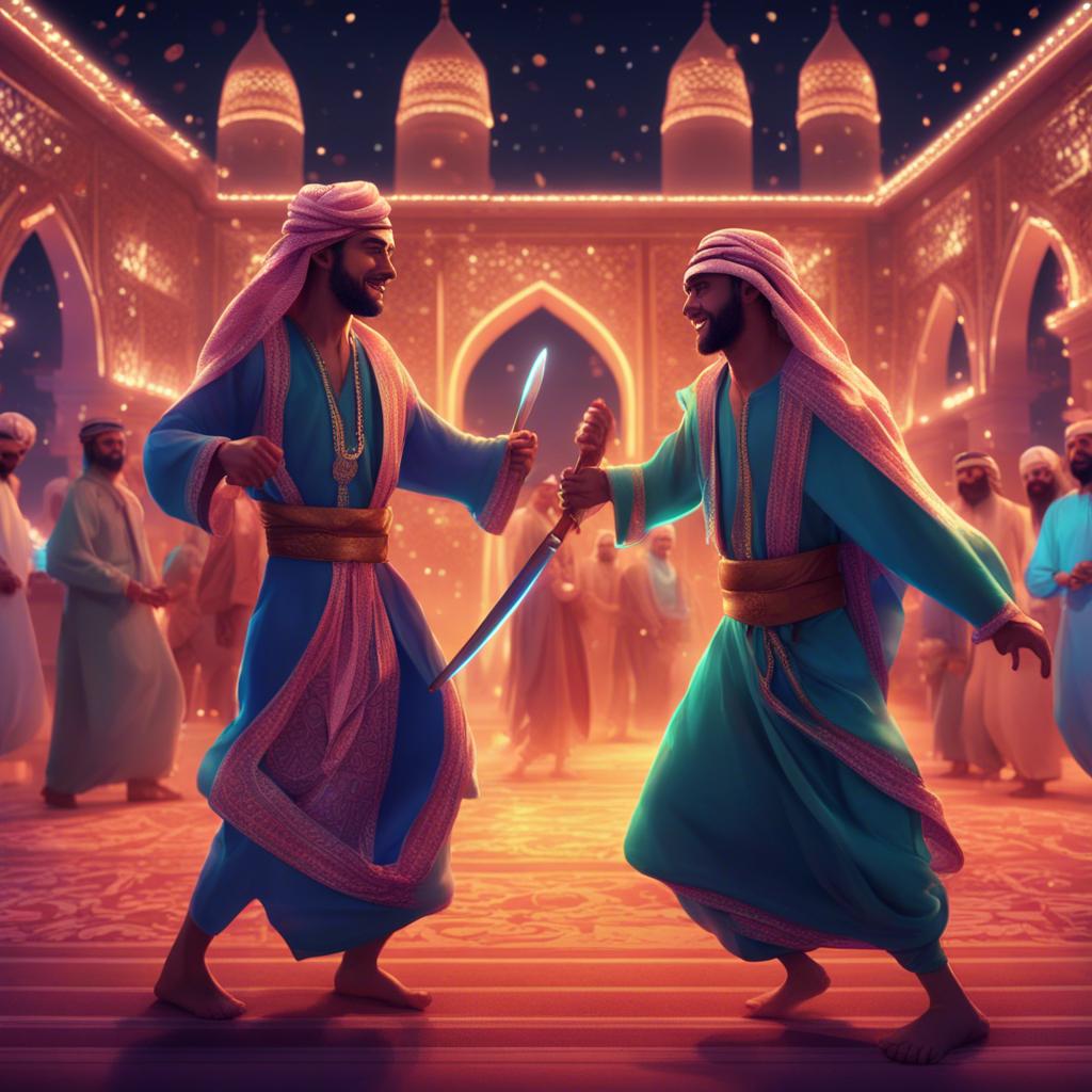 Men dancing in a traditional Saudi dance called 'Al-Ardah', holding swords, their traditional outfits vibrant with detailed patterns, illuminated by festive lights at night, illustration, lively colors, energetic scene, high quality
