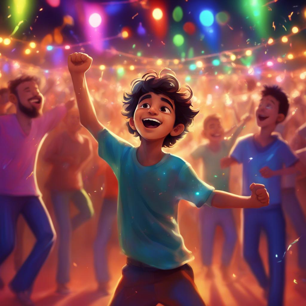 A young Saudi boy imagining himself dancing among men in celebration, smiling widely, with colorful lights in the background and music notes in the air, digital painting, joyful atmosphere, festive colors, high quality