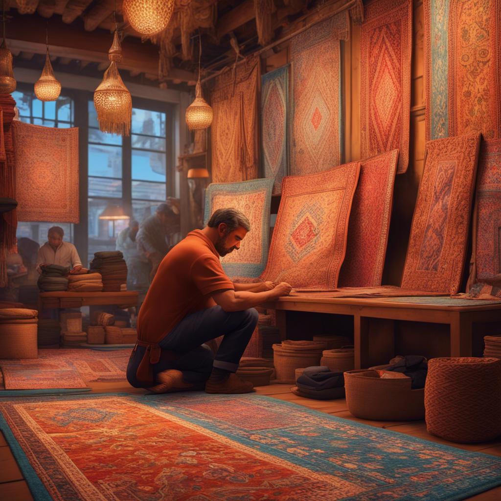 A craftsman working on beautiful handmade rugs in a market, intricate designs and colorful patterns, with visitors admiring the artwork in the background, digital art, vibrant colors, warm light, high quality