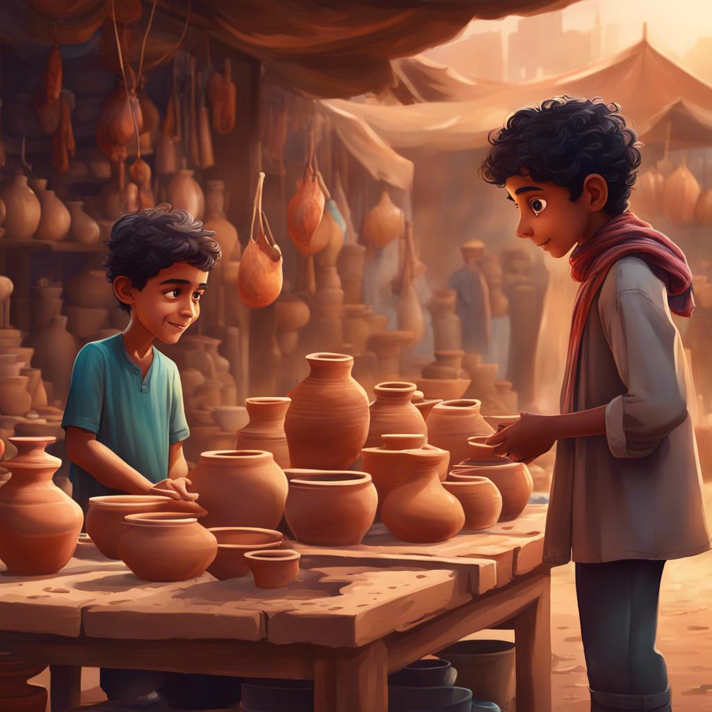 A young Saudi boy standing amazed in a market, watching artisans work with clay to create pottery, colorful and detailed pieces displayed on the table, illustration, lively and engaging, high quality