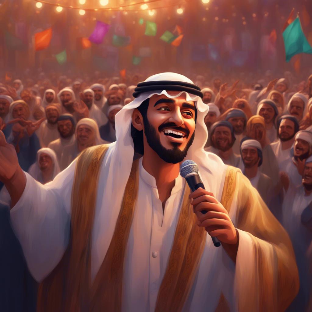 A Saudi folk singer passionately telling a heroic story with a crowd of people captivated, some clapping and singing along, rich colors and vibrant expressions, digital painting, bright and cheerful atmosphere, high quality