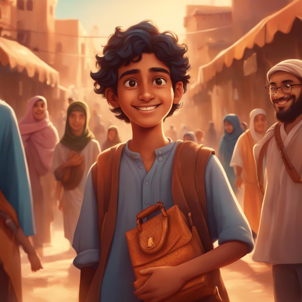 A young Saudi boy proudly holding a small handmade bag in his hands, surrounded by friends eager to hear about his adventure in the market, warm colors, cheerful atmosphere, high quality