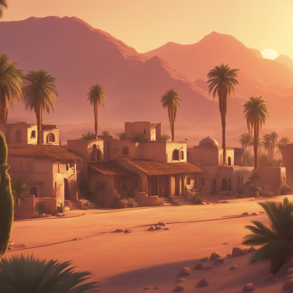 A sunset view of the Saudi village, highlighting traditional homes, palm trees, and the mountains in the background, symbolizing heritage and culture, digital art, warm tones, nostalgic feeling, high quality