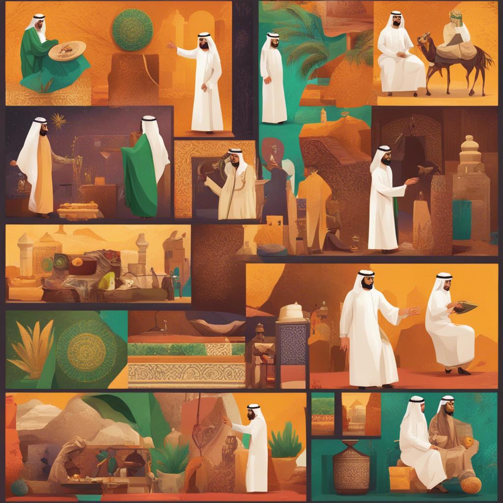 A collage of Saudi cultural elements including dances, crafts, and storytelling, vibrant and colorful, representing the richness of Saudi heritage, illustration, high detail, dynamic composition, high quality