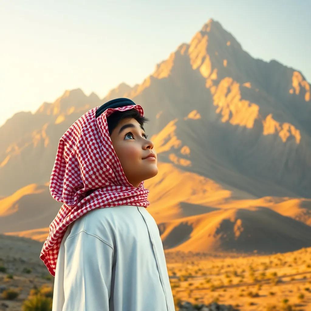 Fahd, a young Saudi boy, wearing a white thobe and red checkered ghutrah, looking up at the tall slopes of Tuwaiq Mountain, detailed landscape, golden sunlight, lively and adventurous, high quality