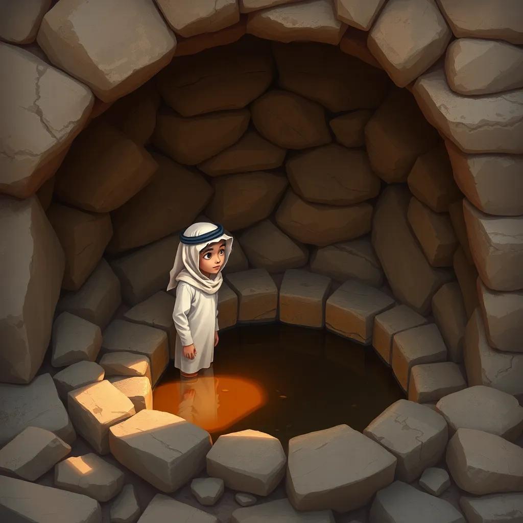 An old well surrounded by rocks, with Fahd, a young Saudi boy in a thobe and ghutrah, gazing curiously into it, reflecting the history and culture of Saudi Arabia, digital painting, warm tones, nostalgic mood, high quality