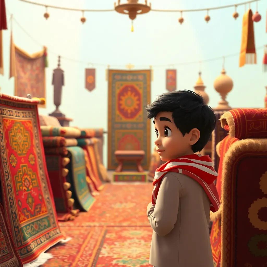 A vibrant view of handcrafted carpets and traditional crafts with Fahd, a young Saudi boy, admiring them closely, showcasing Saudi culture and heritage, detailed art, warm and inviting, high quality