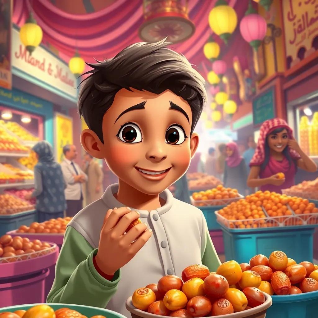 Fahd, a young Saudi boy, enjoying delicious dates in a bustling market with friendly sellers, lively setting, rich colors, heartwarming scene, high quality