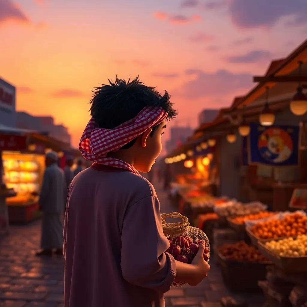A beautiful sunset view with Fahd, a young Saudi boy holding a bag of dates, looking back at the market, a blend of warm hues, reflective mood, high quality