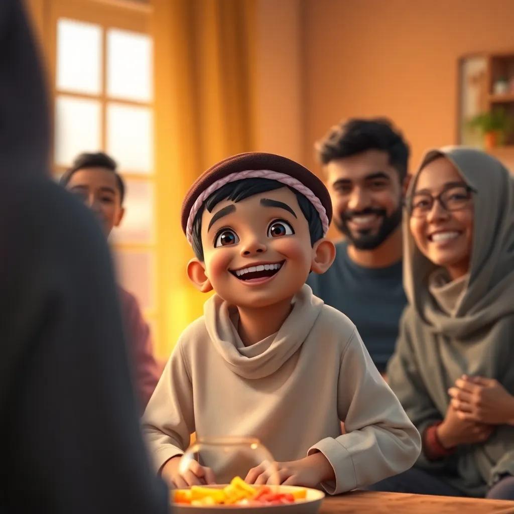 Fahd, a young Saudi boy, joyfully sharing his exciting day with his family at home, surrounded by loving family members, cozy atmosphere, evening light, heartwarming, high quality